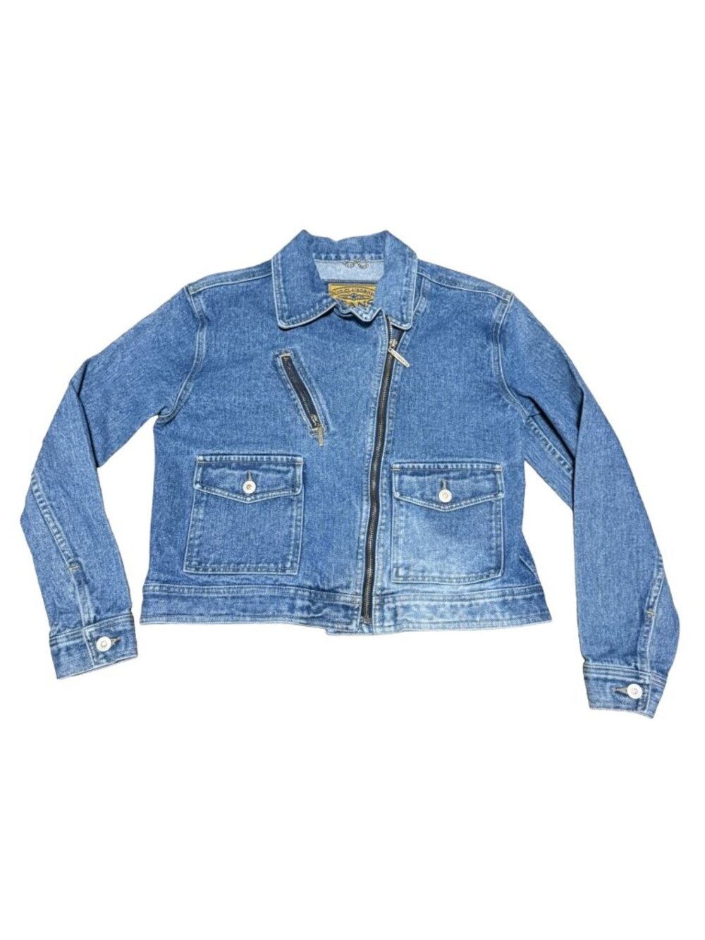 Vtg Liz Claiborne Biker Denim Trucker Jacket Sz 4 Blue Cropped Asymetrical Zippe